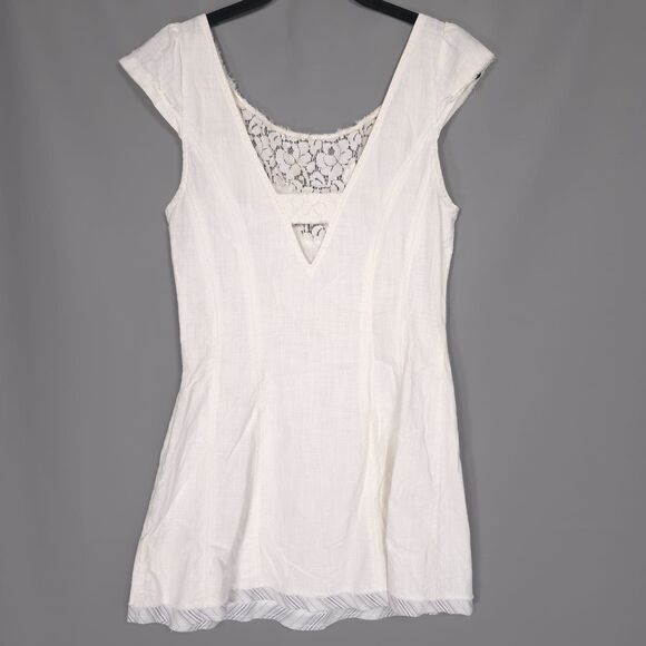 Free People Mini Dress Size 8 White Floral Lace Cap Sleeves Cotton - Picture 7 of 11